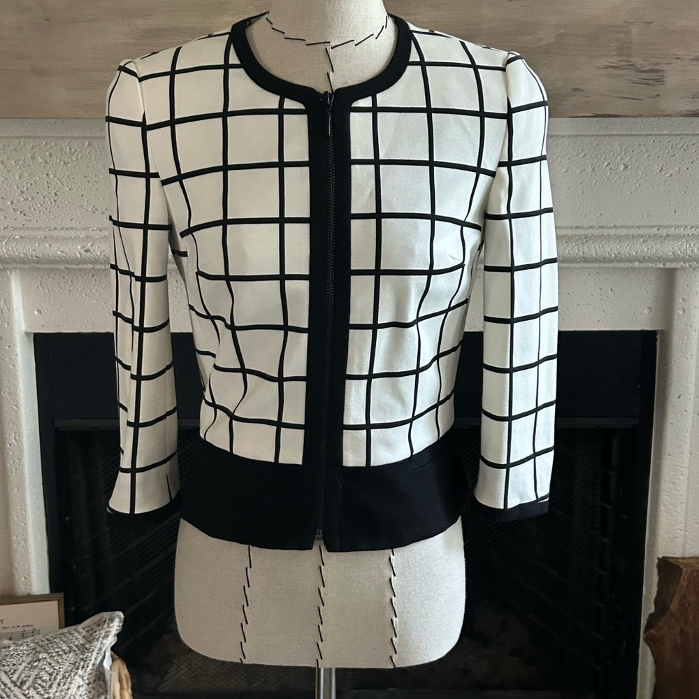 White House Black Market Black and White Blazer with Grid Pattern